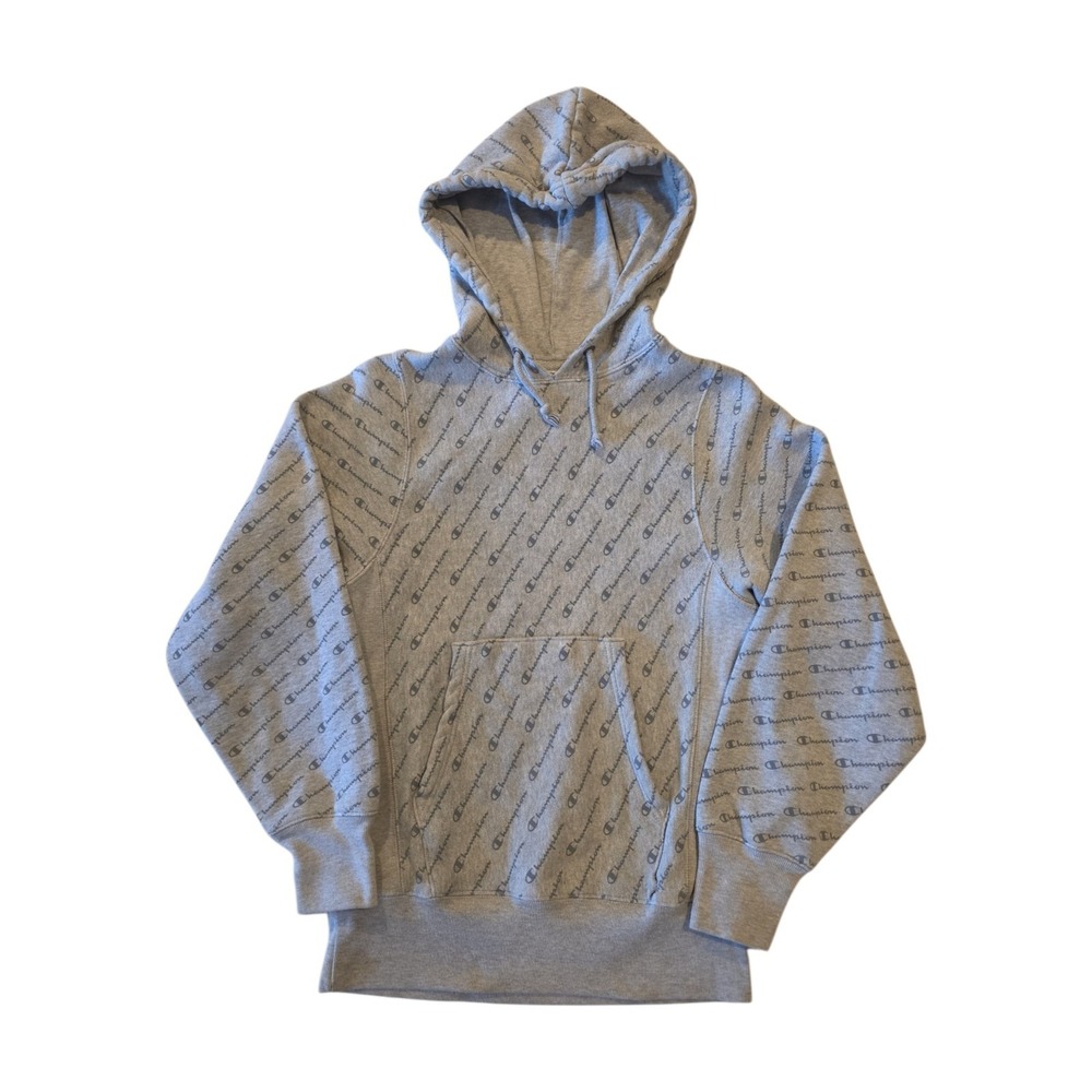 Champion Reverse Weave Hoodie XS Gray All Over Script Logo Monogram Pullover